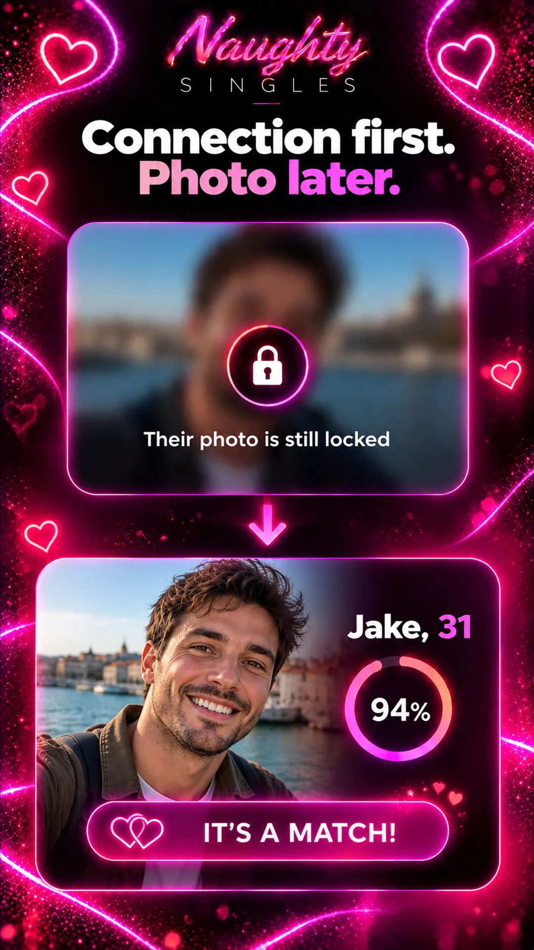 Photo reveal screen: the photo stays locked and blurred until the match is confirmed