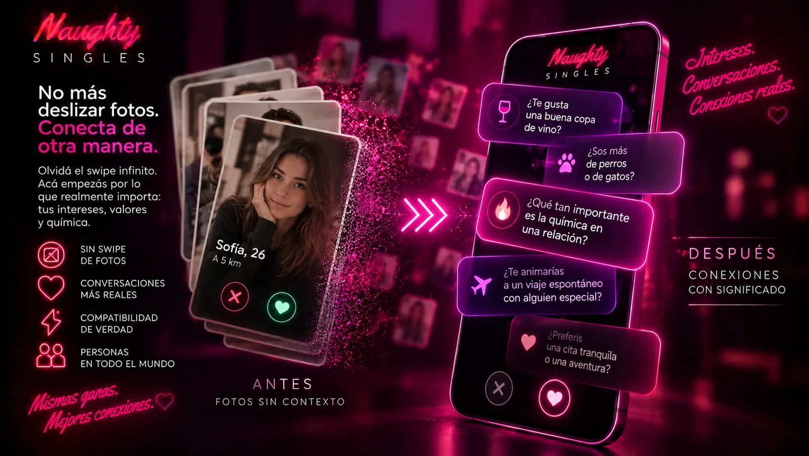 Alternativa a deslizar fotos basada en intereses, preguntas y compatibilidad