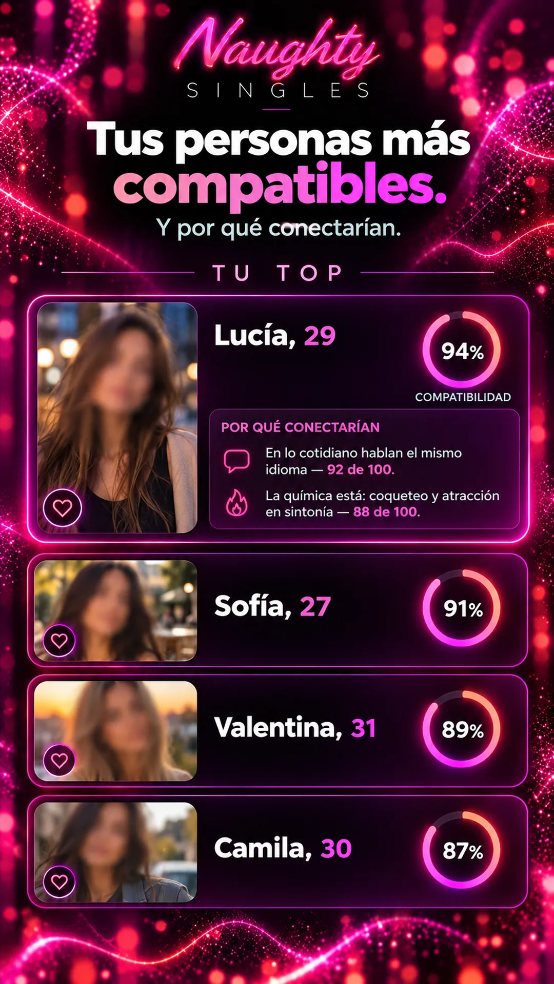 Pantalla Tu top: personas solteras más compatibles con porcentaje de compatibilidad y por qué conectarían