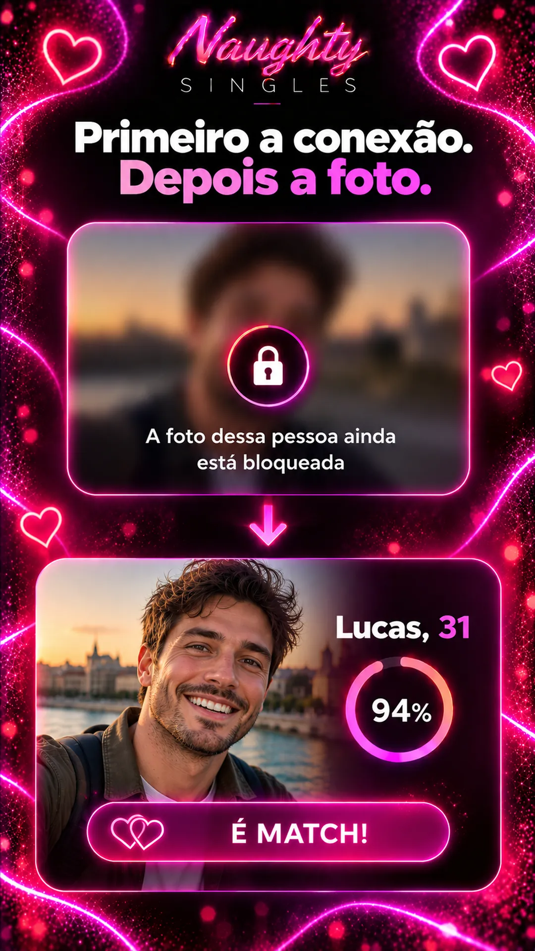 Tela de revelação: a foto fica bloqueada e desfocada até o match ser confirmado