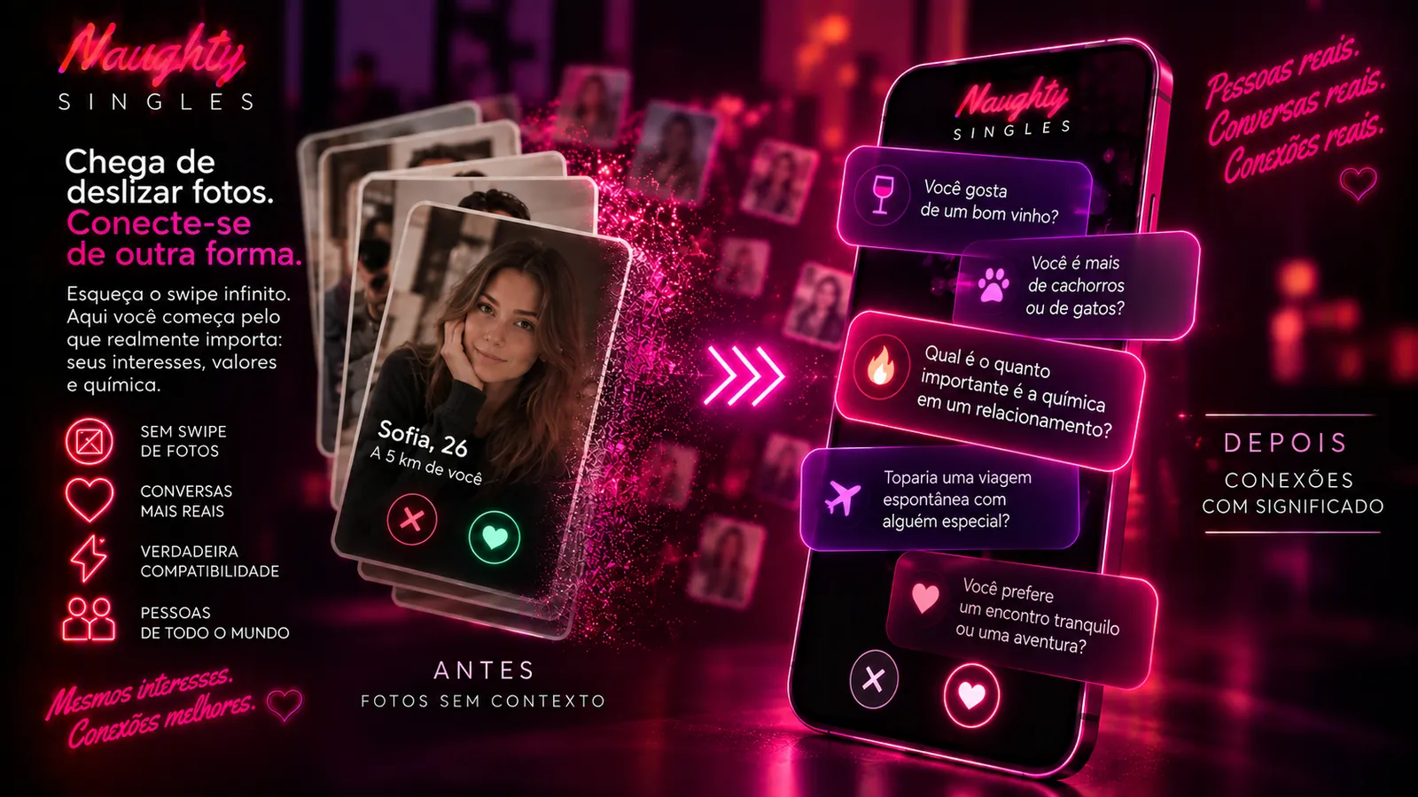 Alternativa a deslizar fotos baseada em interesses, perguntas e compatibilidade